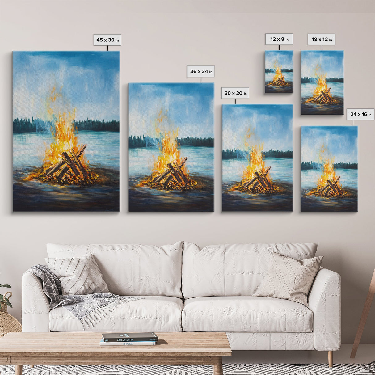 Lakeside Bonfire, Camping Art, Outdoor Wall Art, Cozy Campfire Painting, Nature Art, Rustic Decor, Above Couch Art, Canvas Print