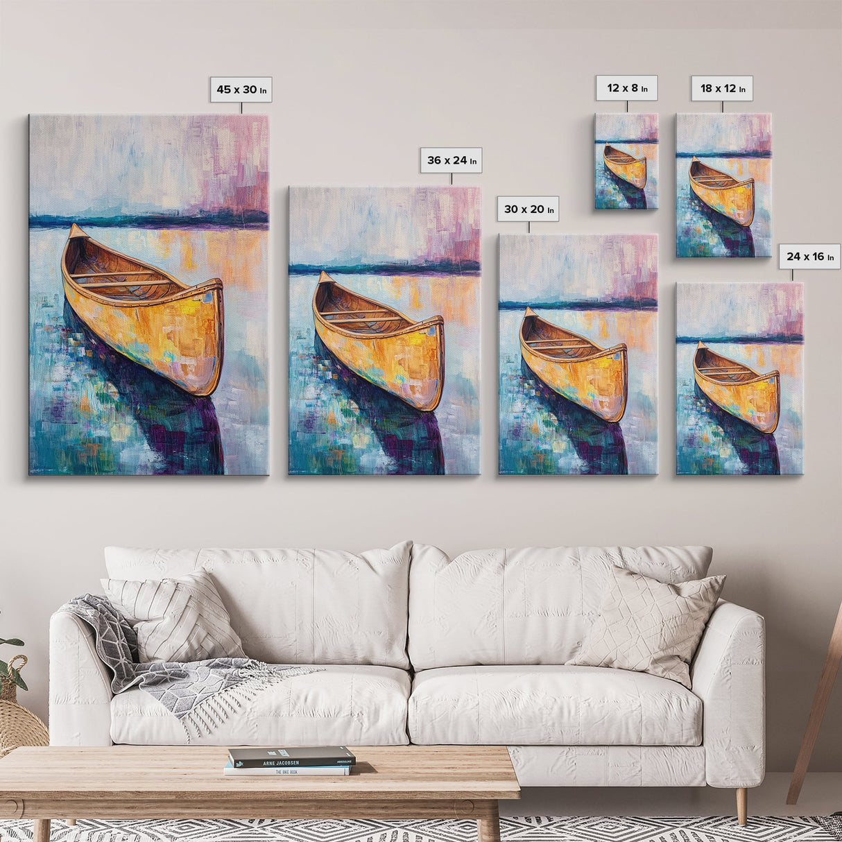 Wooden Canoe, Coastal Landscape Art, Nautical Wall Art, Seascape Painting, Lake Tahoe Art, Extra Wide Art, Framed Canvas Print