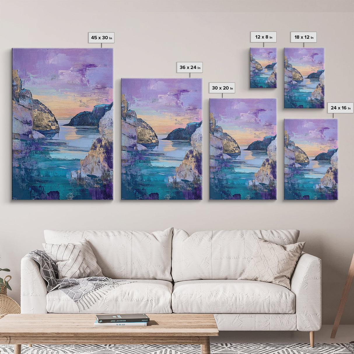 Sunset Cove, Moody Seascape, Coastal Landscape, Nautical Wall Art, Blue and Green Wall Art, Extra Wide Art, Boho Art, Canvas Print