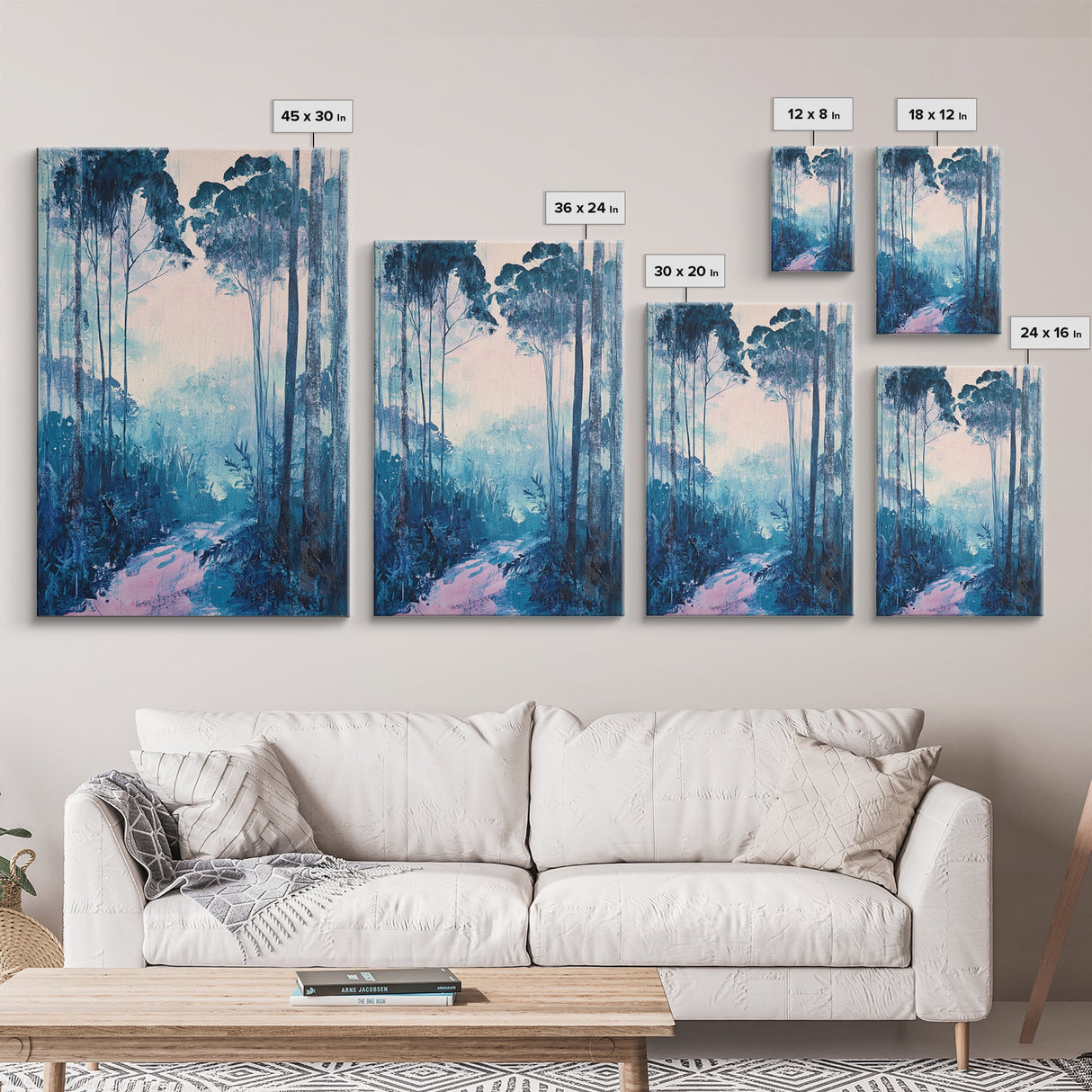 Misty Forest, moody art, birch tree art, pine tree art, landscape painting, gift idea for her, Framed Canvas Print, bedroom art