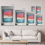 Sunset Horizon, pink orange wall art, nautical painting, coastal decor, above bed wall art, wabi sabi art, Framed Canvas Print, boho art