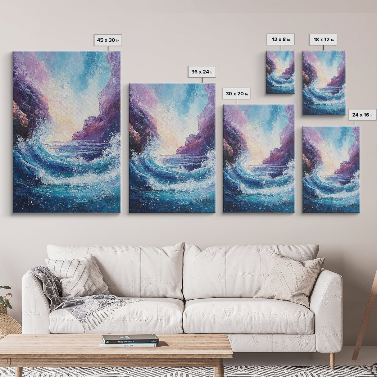 ocean waves, coastal painting, framed canvas print, seascape painting, nautical wall art, beach decor, extra wide art, gift idea