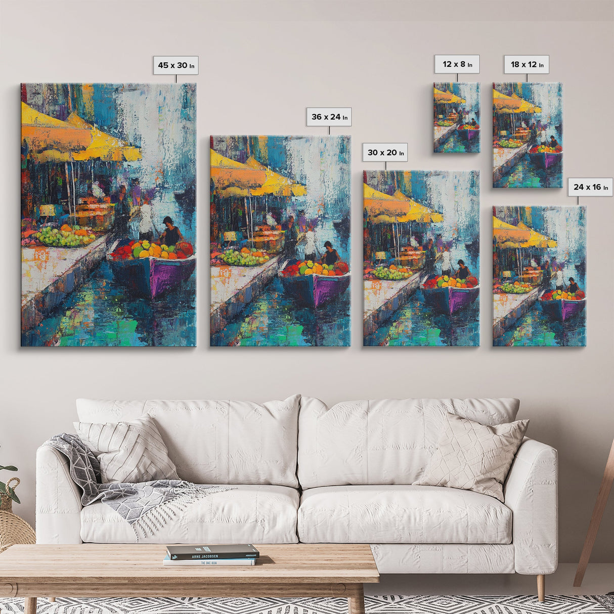 Market Boats, Coastal Decor, Nautical Painting, Vibrant Wall Art, Rustic Art, Canvas Print, Extra Wide Art, Living Room Art