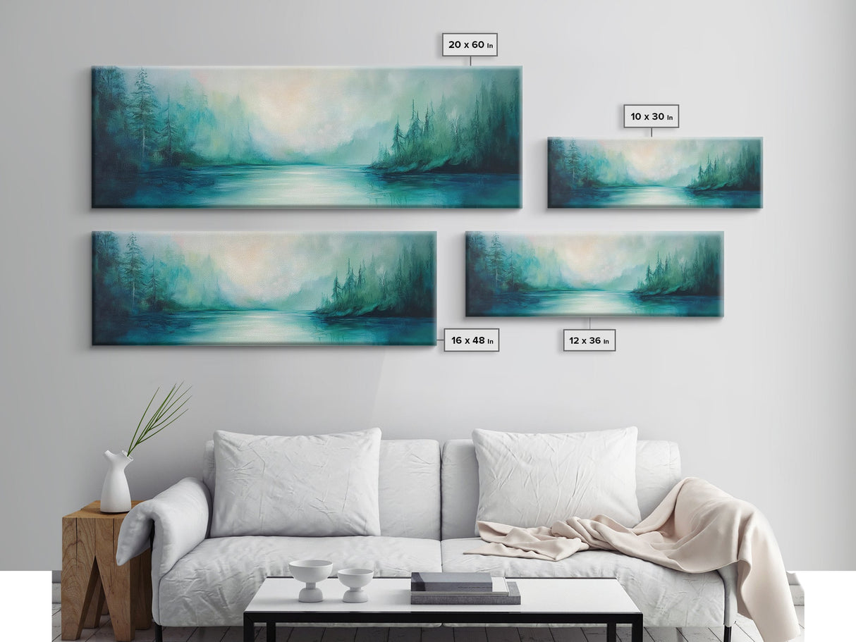 Forest Lake Morning Framed Canvas Print Calm Nature Art, Misty Green Landscape, Cabin Wall Decor, Peaceful Living Room Artwork