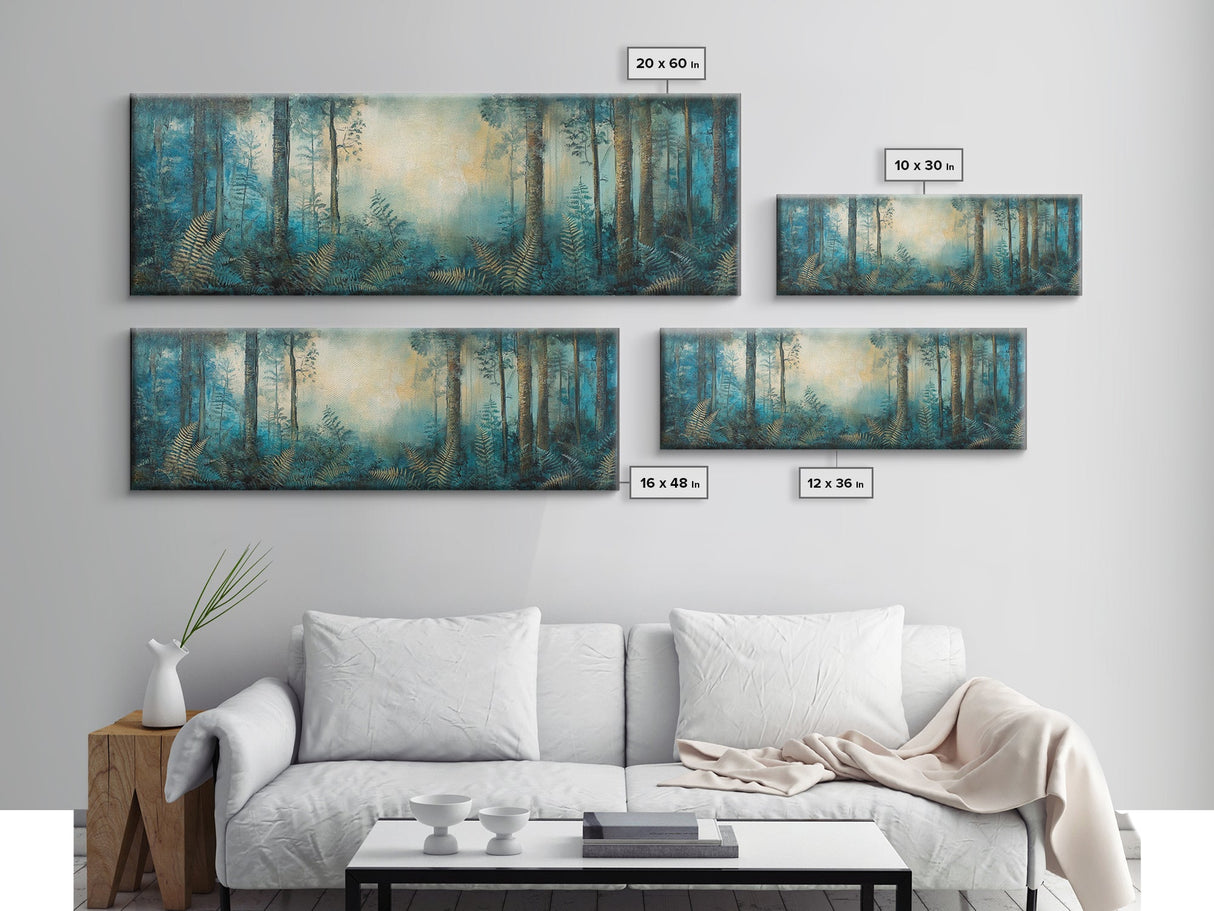 Enchanted Forest Glow Canvas Print Moody Woodland Art, Blue Green Nature Painting, Dreamy Landscape Decor, Large Living Room Artwork