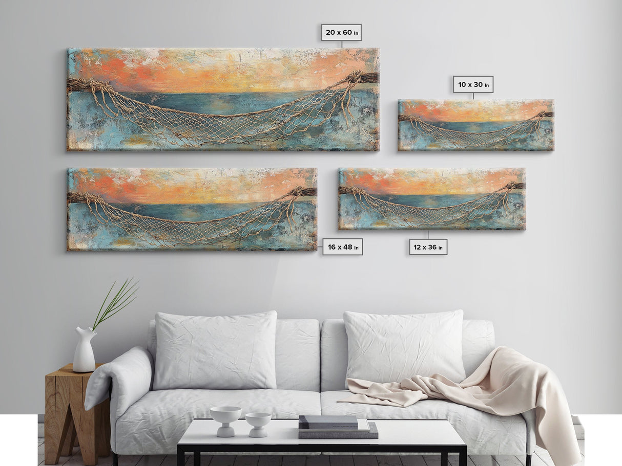 Fishing Net Sunset Canvas Print Coastal Wall Art Nautical Seaside Artwork Beach House Decor Ocean Landscape Framed Print