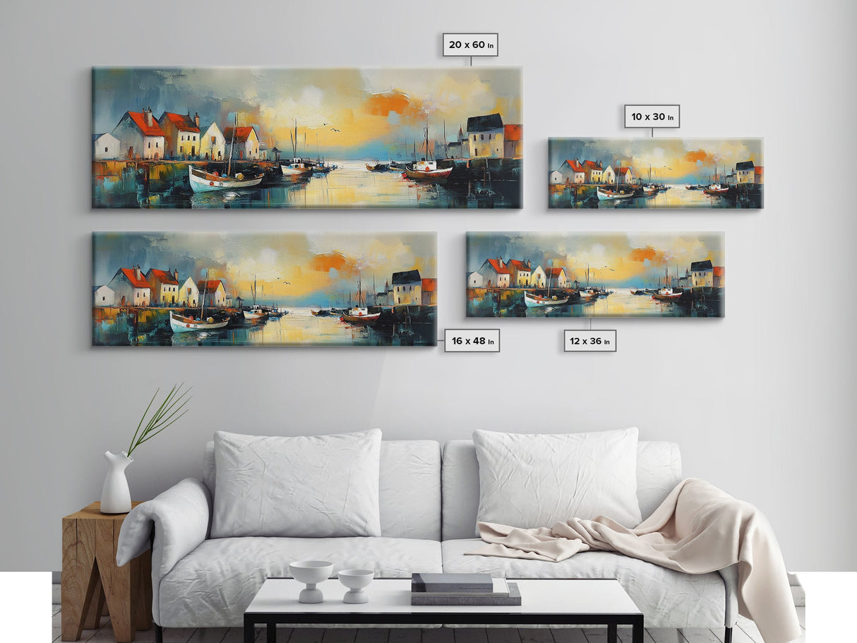 Seaside Village Harbor Canvas Print Coastal Boats Wall Art Nautical Fishing Town Decor Rustic Beach House Artwork Framed Print