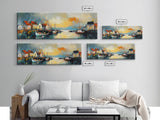 Seaside Village Harbor Canvas Print Coastal Boats Wall Art Nautical Fishing Town Decor Rustic Beach House Artwork Framed Print