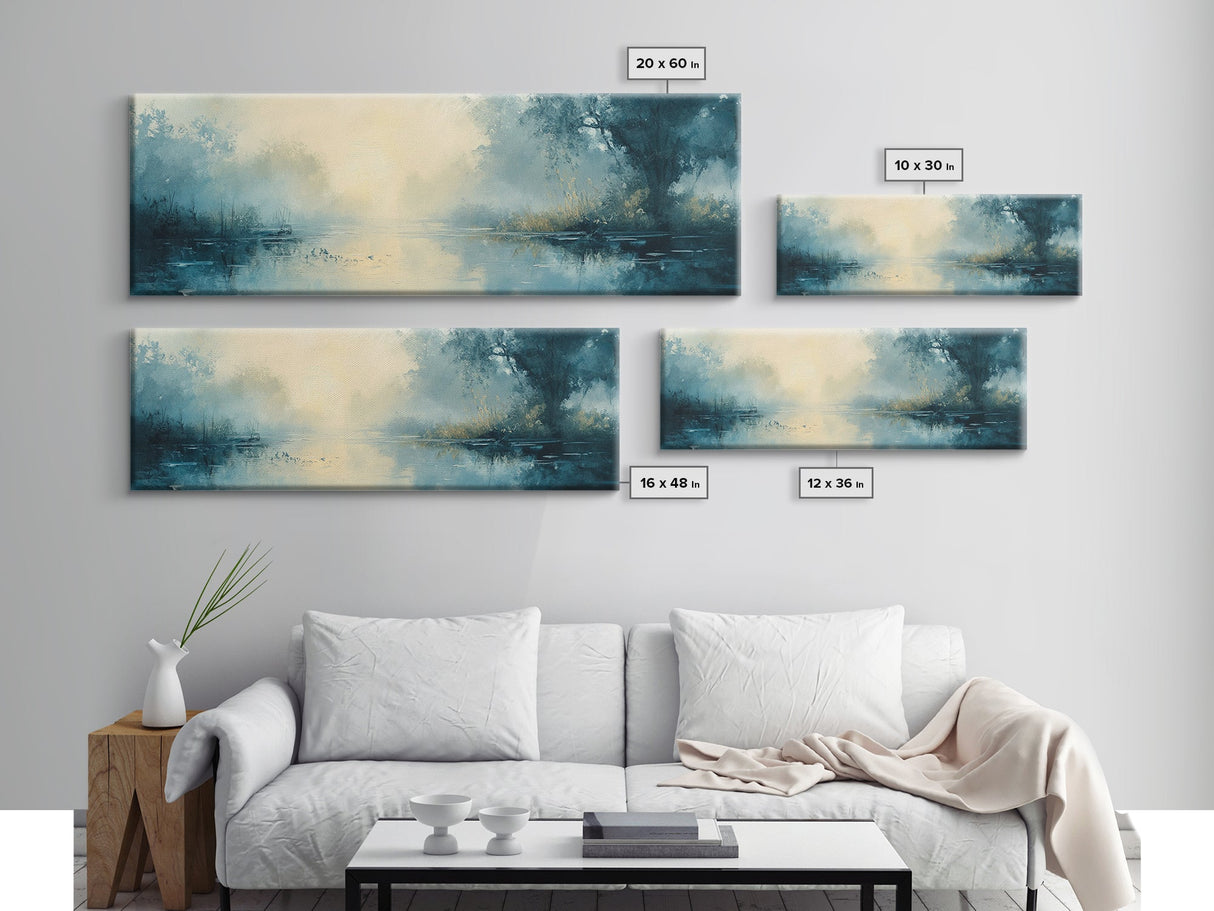 Misty Lake Canvas Print Serene Nature Wall Art, Neutral Forest Landscape, Soft Blue Wall Decor, Minimalist Bedroom Artwork