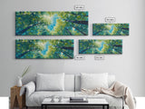 Sunlit Forest Framed Canvas Print Vibrant Nature Wall Art, Green Tree Canopy Painting, Bright Boho Decor, Botanical Living Room Art