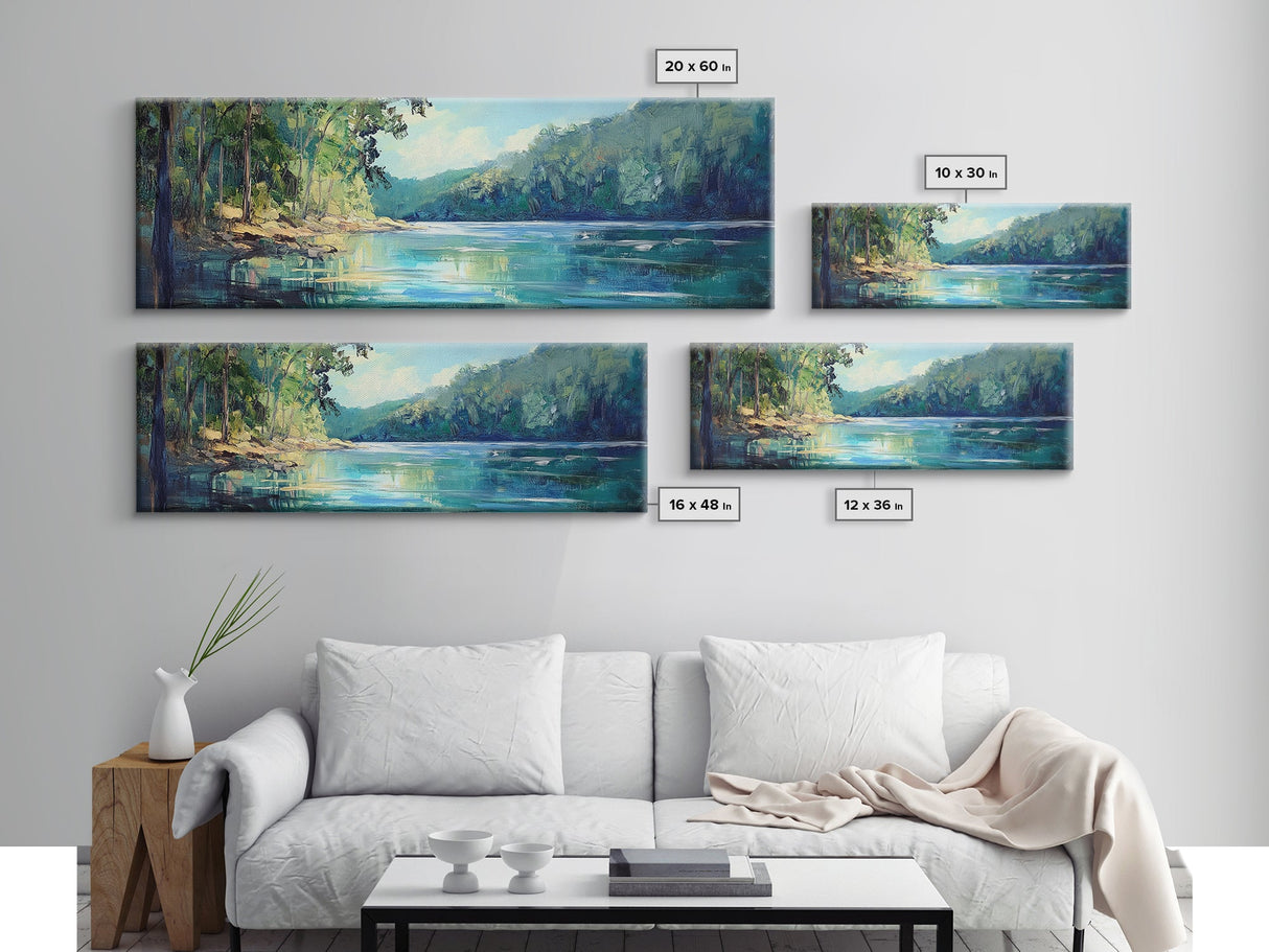 River Valley Framed Canvas Print Tranquil Nature Wall Art, Lush Green Landscape, Summer Cabin Artwork, Rustic Living Room Decor