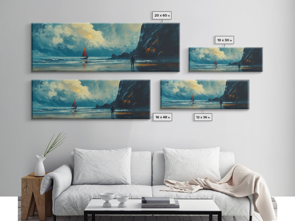 Moonlit Sailboat Canvas Print Dramatic Ocean Wall Art, Coastal Nautical Painting, Dark Blue Seascape, Moody Living Room Decor