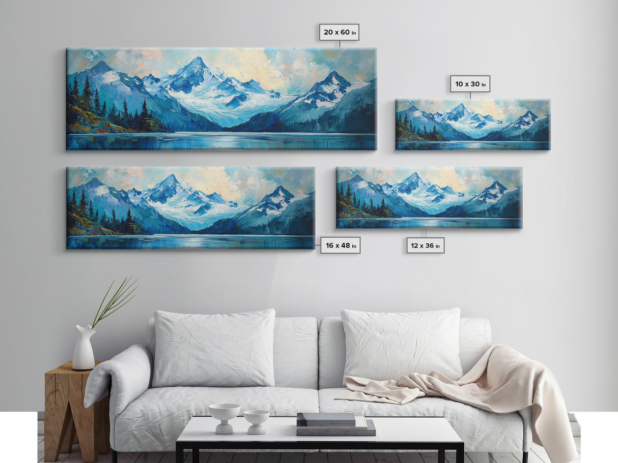 Mountain Lake Framed Canvas Print, Snowy Peak Nature Art, Adventure Home Decor, Alpine Forest Wall Art, Cabin Living Room Wall Decor