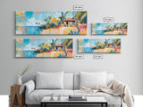 Tropical Beach Hut Painting, Vibrant Coastal Paradise Wall Art, Colorful Island House Decor, Living Room Aesthetic, Canvas Print