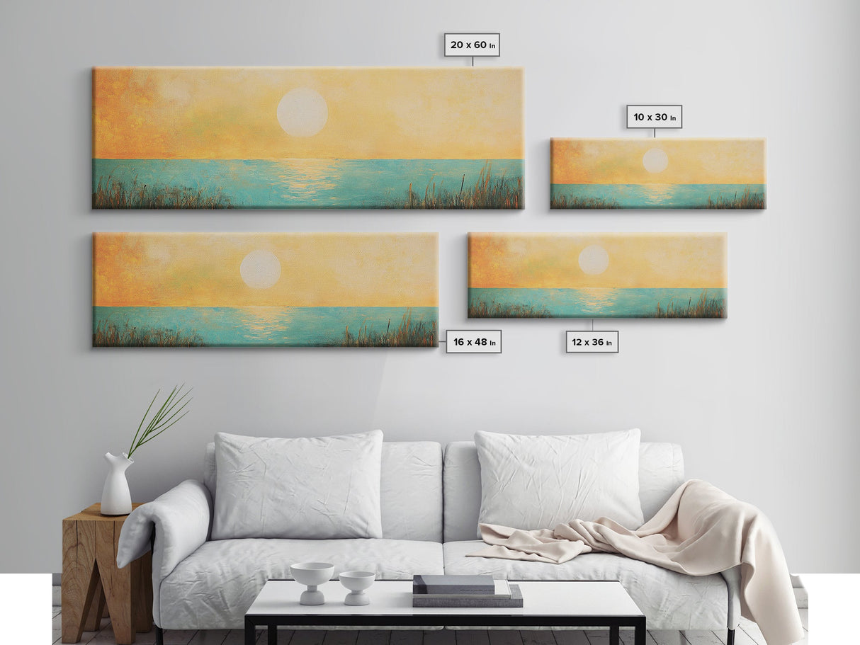 Golden Sunset Coastal Canvas Print, Minimalist Ocean Wall Art, Warm Beach Decor, Large Modern Art, Bedroom Wall Art, Nature Painting