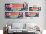 Mystical Moonlight Landscape Framed Canvas Print, Dreamy Forest Art, Boho Sunset Wall Art, Celestial Painting, Living Room Decor