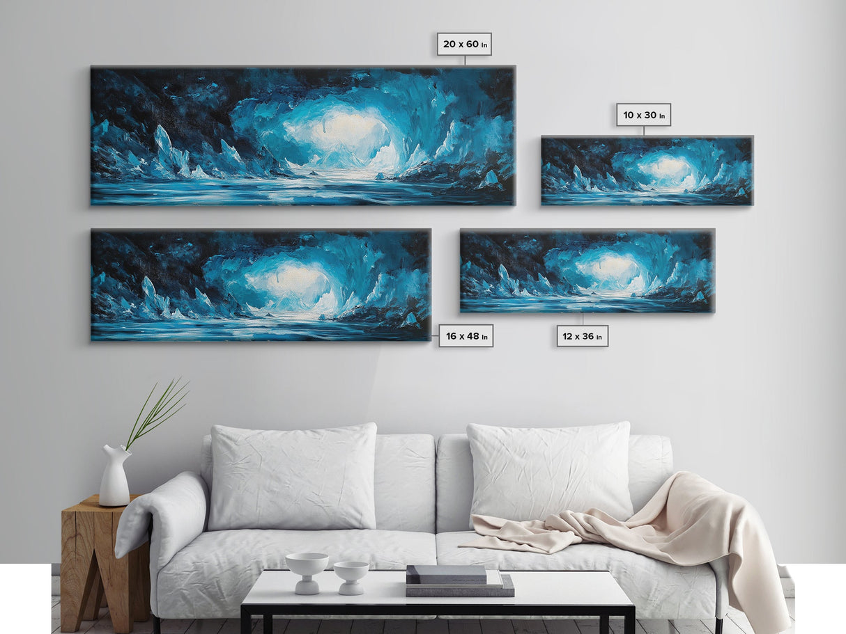 Frozen Ice Cave Landscape Canvas Print, Dark Blue Winter Wall Art, Arctic Home Decor, Modern Cool Tone Art, Office Artwork