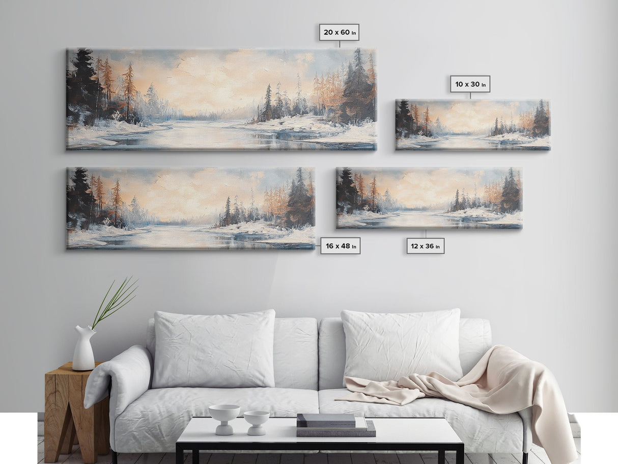 Serene Winter Forest Framed Canvas Print, Snowy Landscape Painting, Cozy Christmas Wall Art, Neutral Rustic Home Decor, Lodge Art