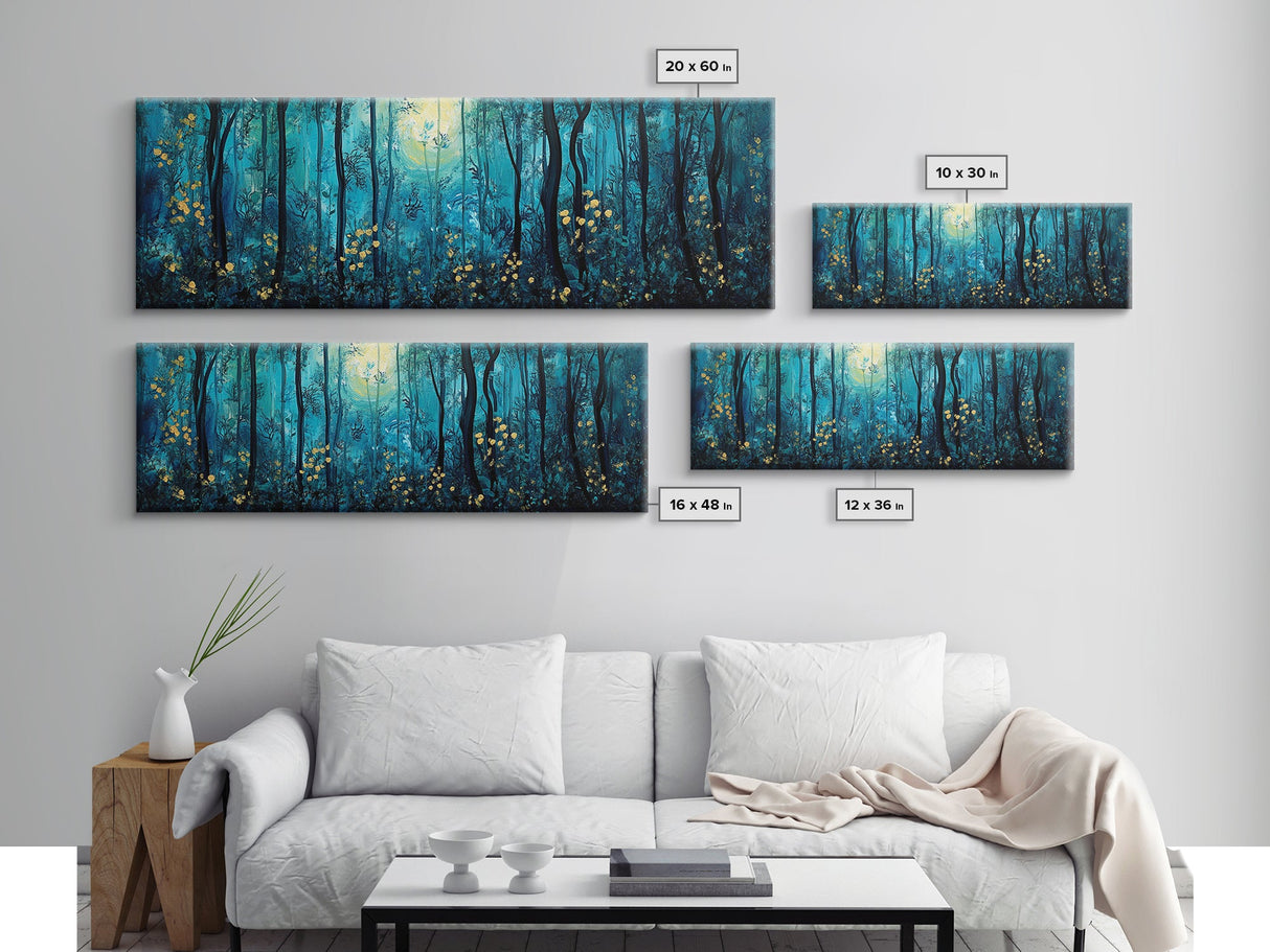 Moonlit Forest Wall Art, Mystical Woodland Painting, Dark Blue Nature Art, Enchanted Trees, Cozy Cabin Decor, Bedroom Wall Art