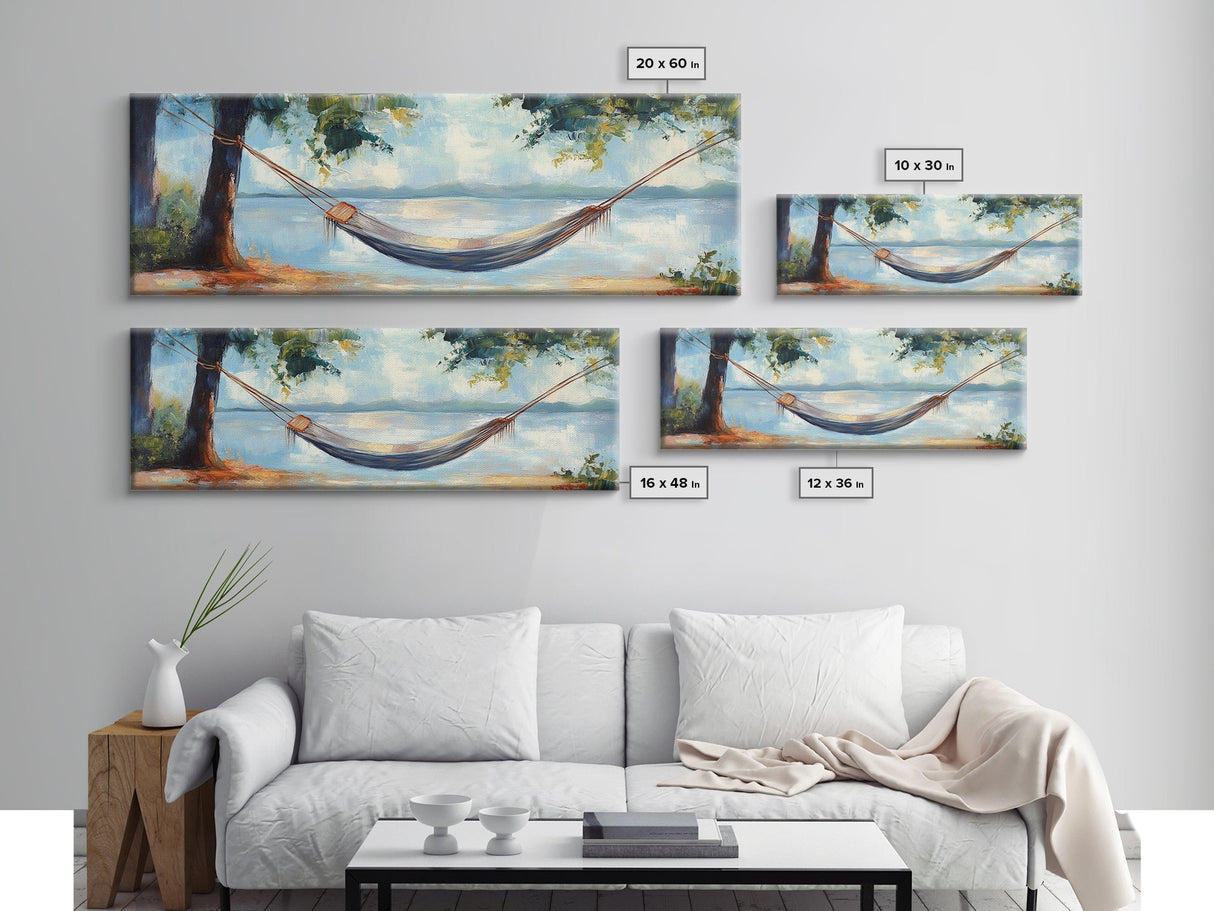 Relaxing Hammock Lake Scene, Tranquil Coastal Art, Serene Nature Painting, Boho Wall Decor, Minimalist Bedroom Art