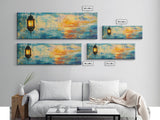 Lantern Glow Sunset Art, Warm Ambient Painting, Nautical Coastal Decor, Rustic Boho Home Wall Art, Relaxing Living Room Art