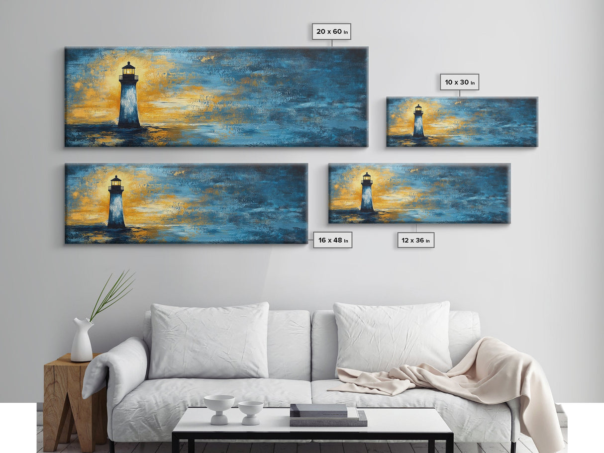 Lighthouse at Dusk Art, Nautical Coastal Painting, Moody Blue and Gold Wall Decor, Ocean Scene Artwork, Tranquil Living Room Art
