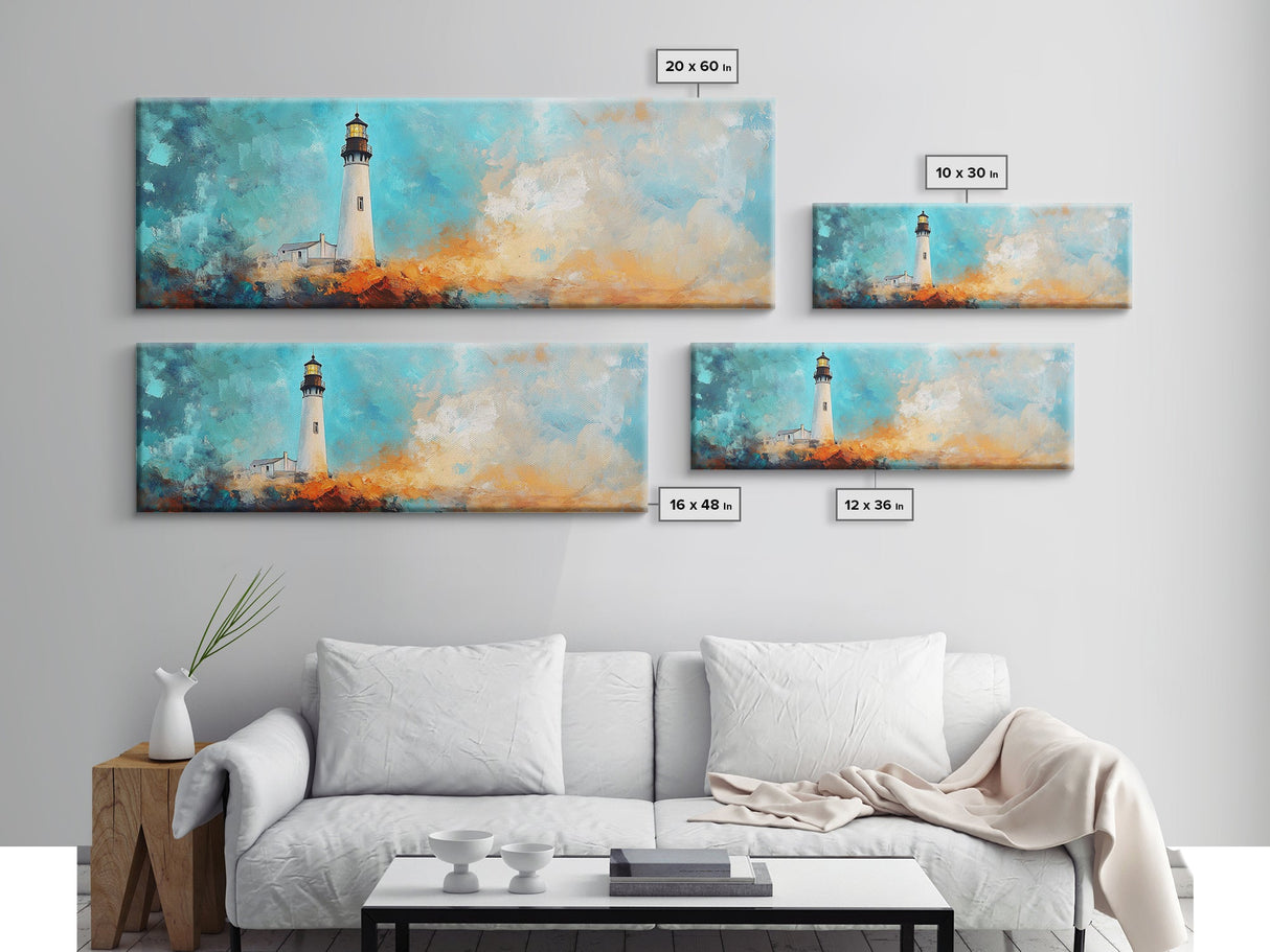 Lighthouse Cliff Seascape Art, Coastal Landscape Painting, Ocean View Home Decor, Modern Nautical Wall Art, Large Living Room Art