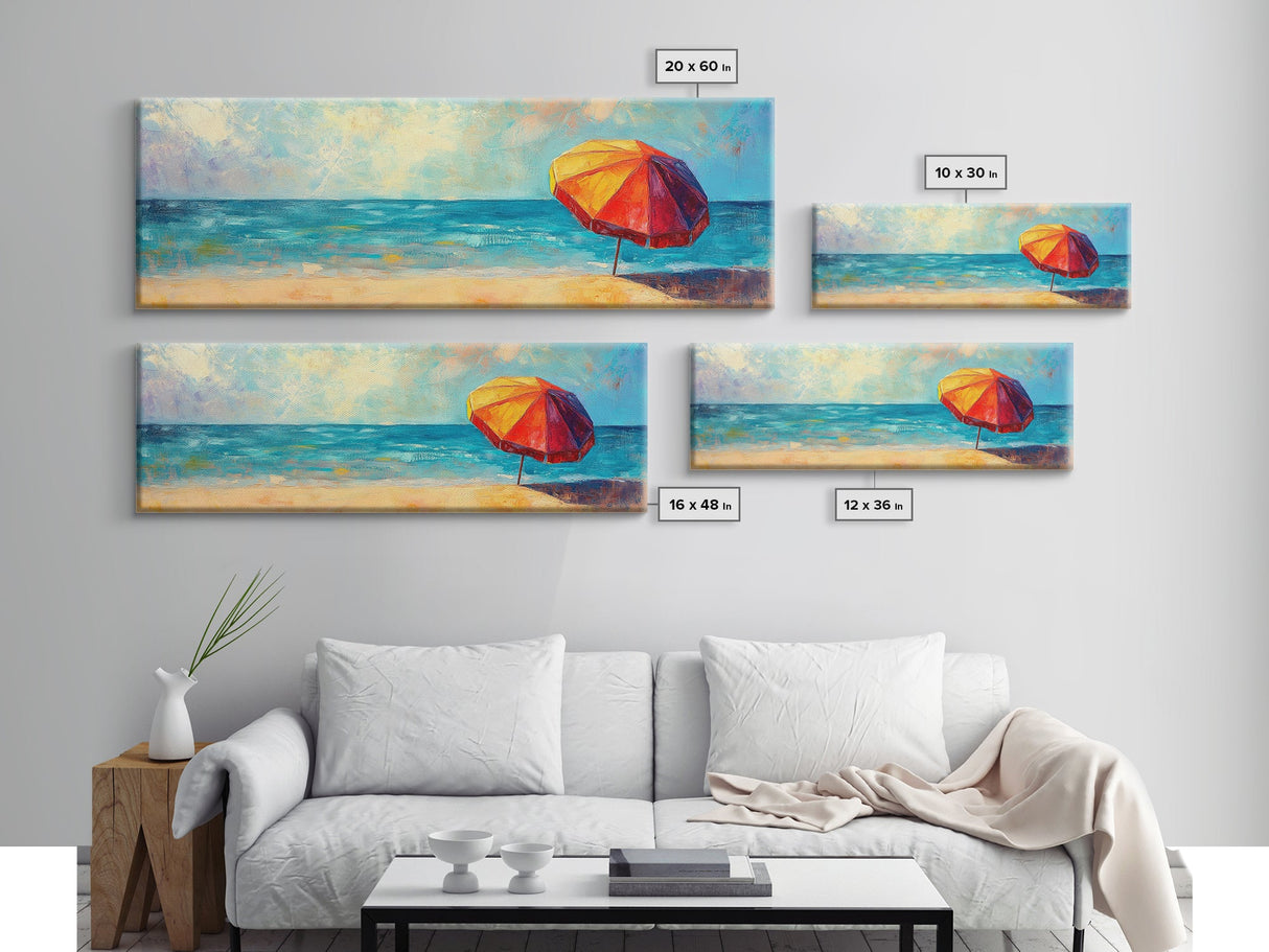 Vibrant Beach Umbrella Painting, Colorful Coastal Ocean Art, Bold Summer Seascape Decor, Bright Living Room, Canvas Print