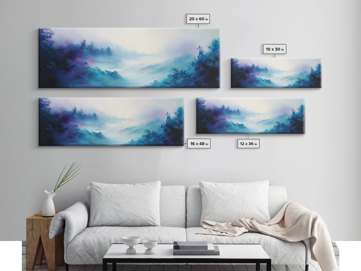 Ethereal Foggy Forest Framed Canvas Print - Mystical Landscape Wall Art, Blue and Purple Nature Decor, Living Room Art