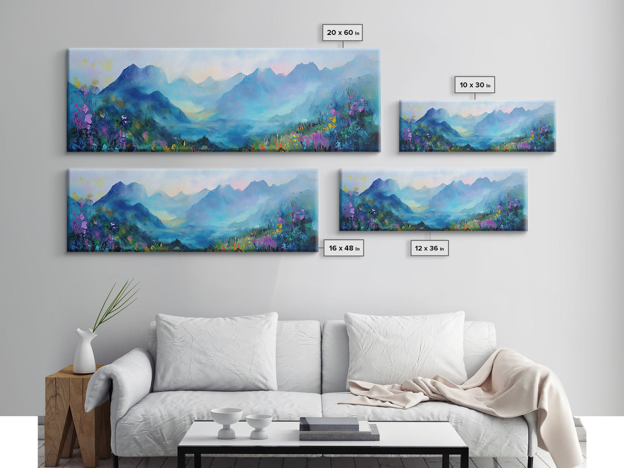 Alpine Sunrise Framed Canvas Print - Misty Mountain Wall Art, Nature Landscape Painting, Warm Toned Home Decor, Living Room Accent