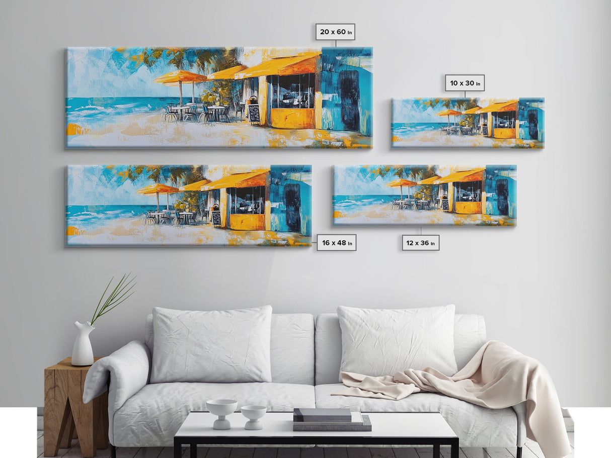 Beachfront Café Painting, Rustic Coastal Restaurant Art, Vibrant Nautical Wall Decor, Warm and Inviting Kitchen, Canvas Print