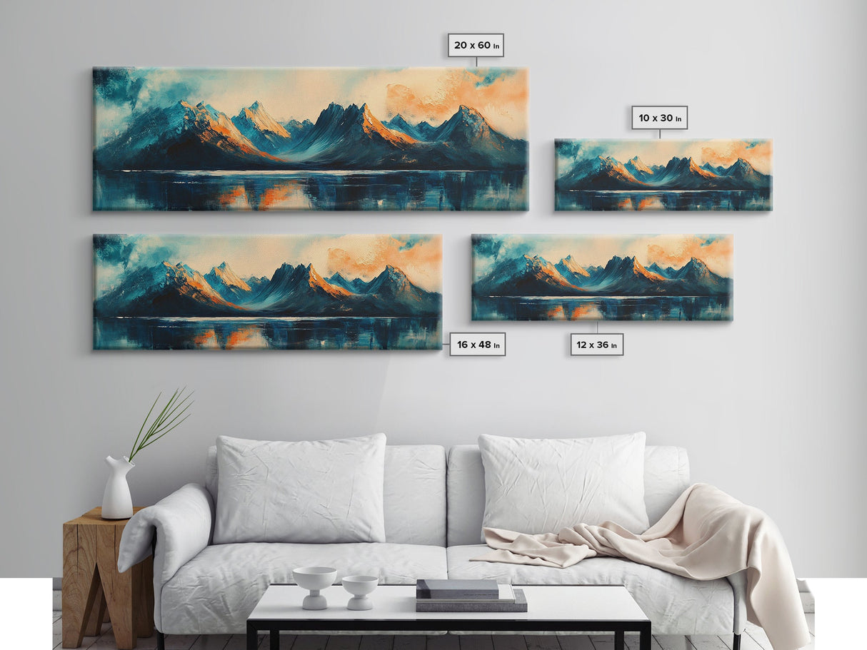 Majestic Mountains Framed Canvas Print Scenic Landscape Art, Blue and Gold Mountain Painting, Nature Wall Decor, Bedroom Wall Art
