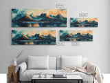 Majestic Mountains Framed Canvas Print Scenic Landscape Art, Blue and Gold Mountain Painting, Nature Wall Decor, Bedroom Wall Art