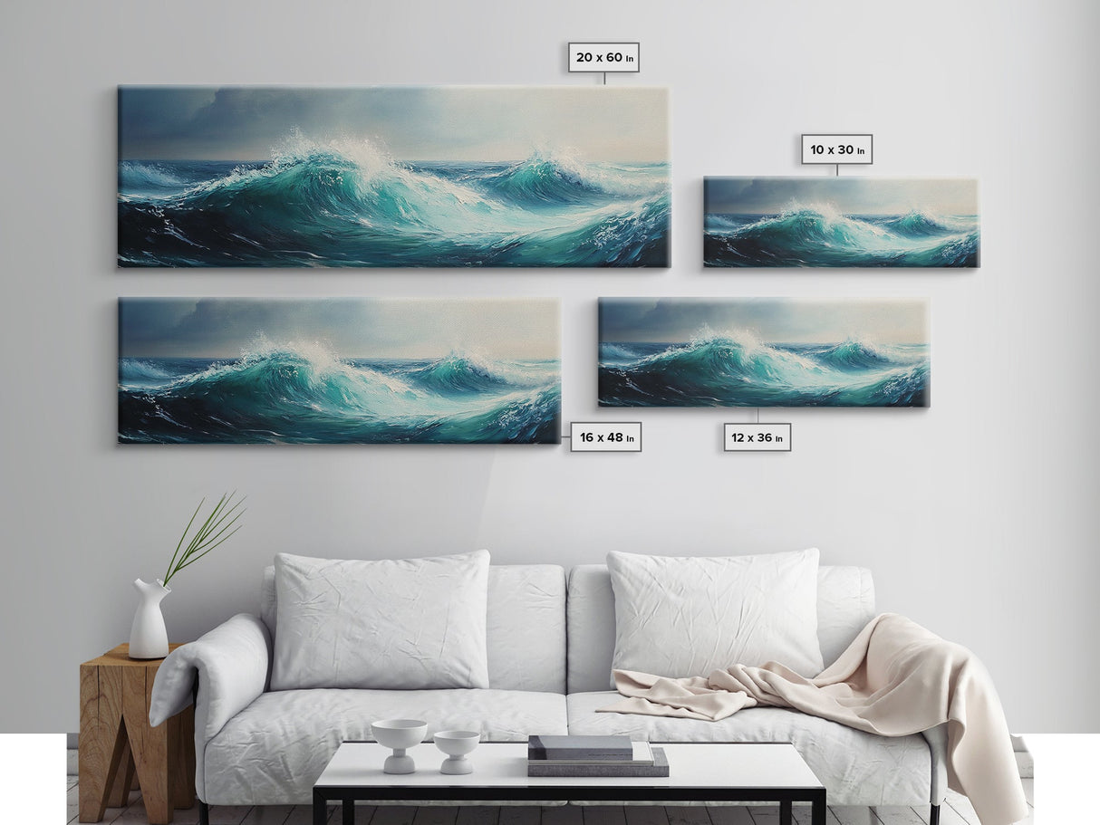Stormy Sea Framed Canvas Print Dramatic Ocean Waves Painting, Moody Nautical Wall Art, Deep Blue Coastal Decor, Living Room Art