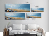 Pebble Beach Seascape Framed Canvas Print Coastal Landscape Wall Art, Serene Ocean Painting, Nautical Bathroom Decor, Minimalist Art