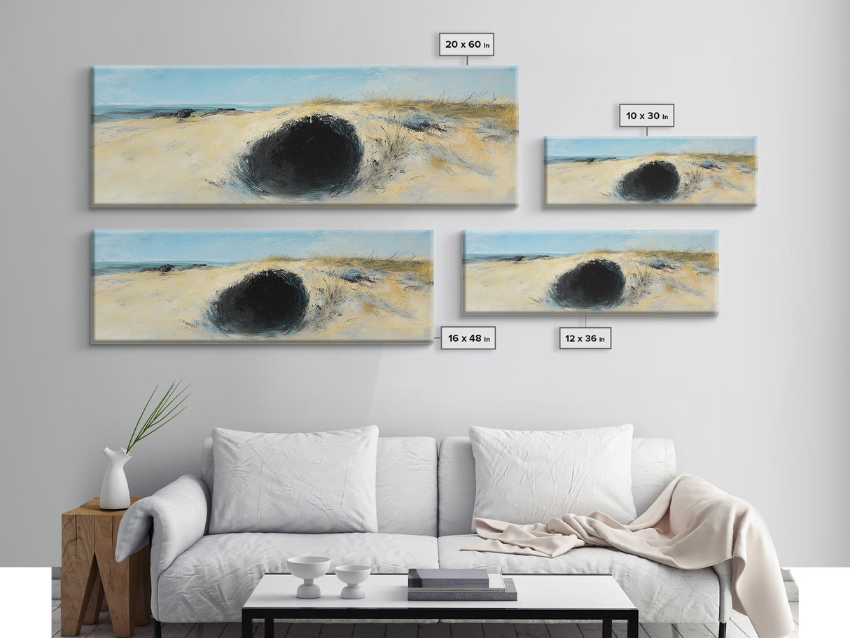 Desert Hole Mystery Framed Canvas Print - Surreal Sand Dune Painting, Minimalist Earthy Wall Art, Unique Living Space