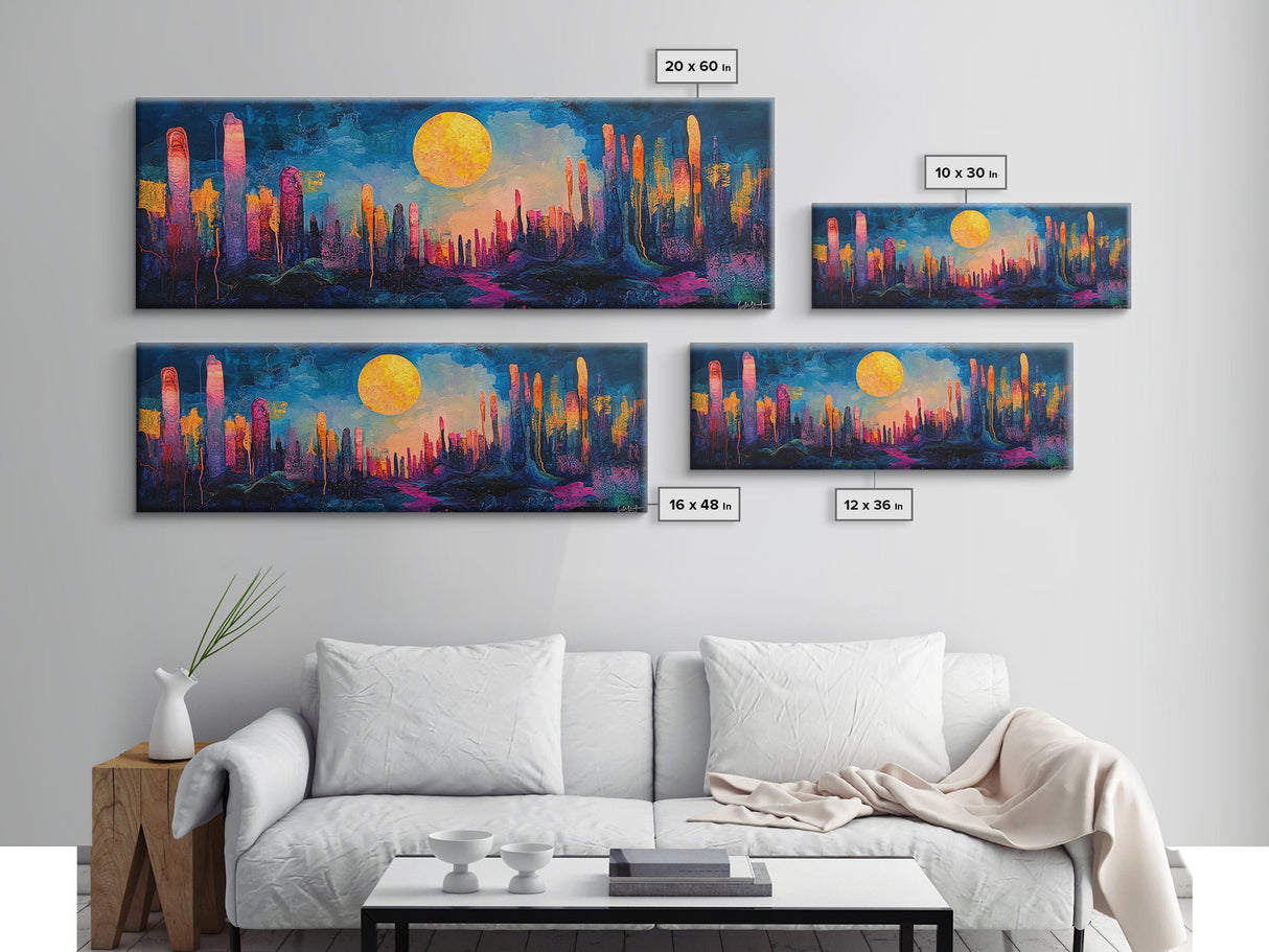 Neon Moon Fantasy Canvas Print - Vibrant Sci-Fi Cityscape Painting, Psychedelic Wall Art, Trippy Room Aesthetic, Urban Decor