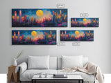 Neon Moon Fantasy Canvas Print - Vibrant Sci-Fi Cityscape Painting, Psychedelic Wall Art, Trippy Room Aesthetic, Urban Decor