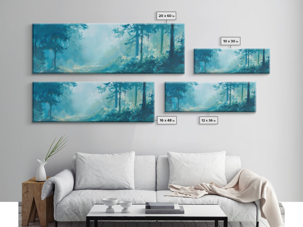 Misty Forest Painting Ethereal Blue Woodland Art Dreamy Nature Landscape Wall Decor Tranquil Aesthetic Bedroom Artwork