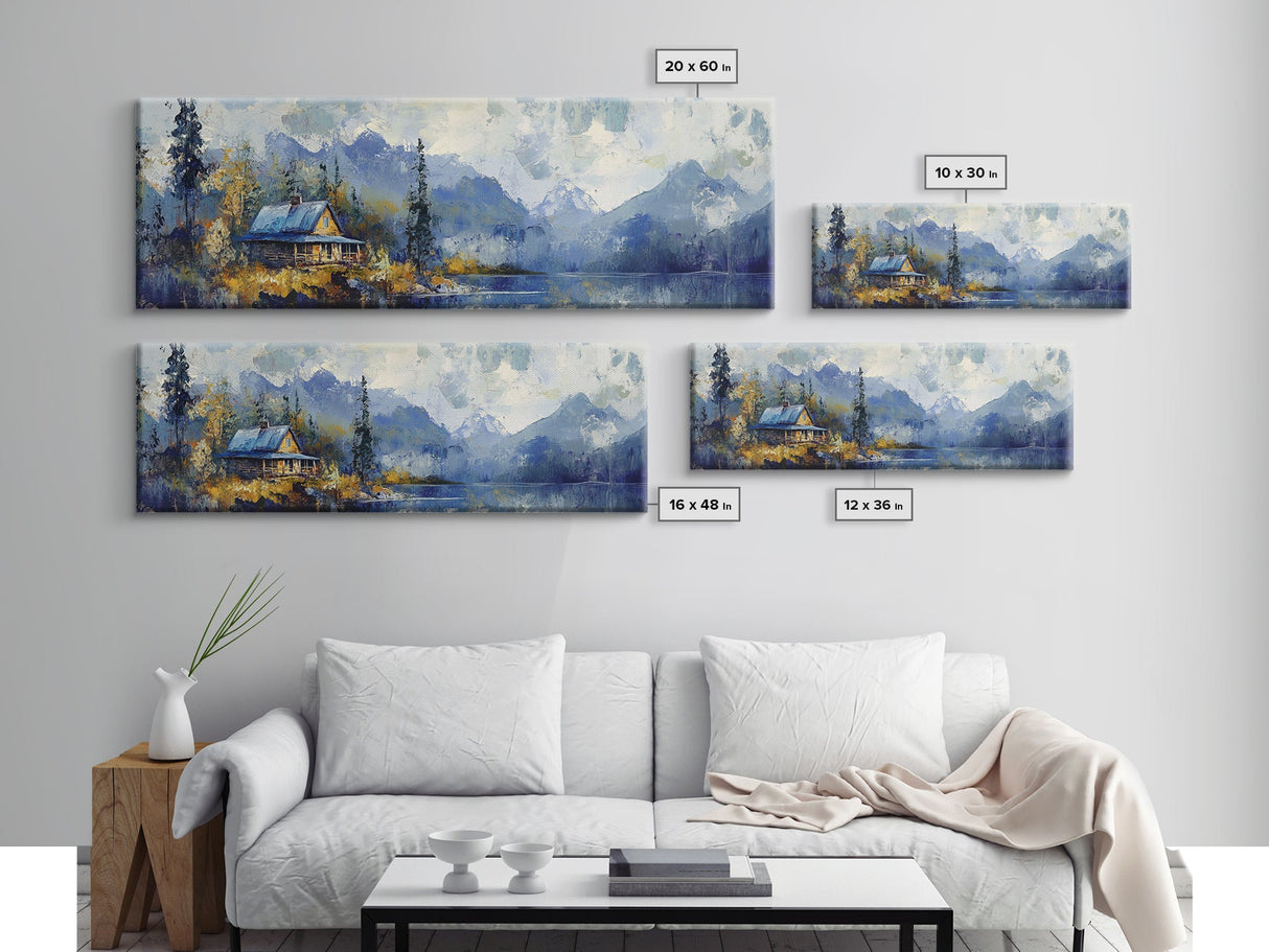 Mountain Cabin Painting Rustic Lakeside Autumn Landscape Wall Art Cozy Wilderness Retreat Artwork Living Room