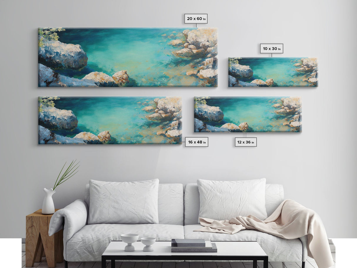 Turquoise Water Cove Framed Canvas Print Coastal Wall Art, Modern Beach Artwork, Ocean Decor, Minimalist Seascape Painting, Bedroom Art