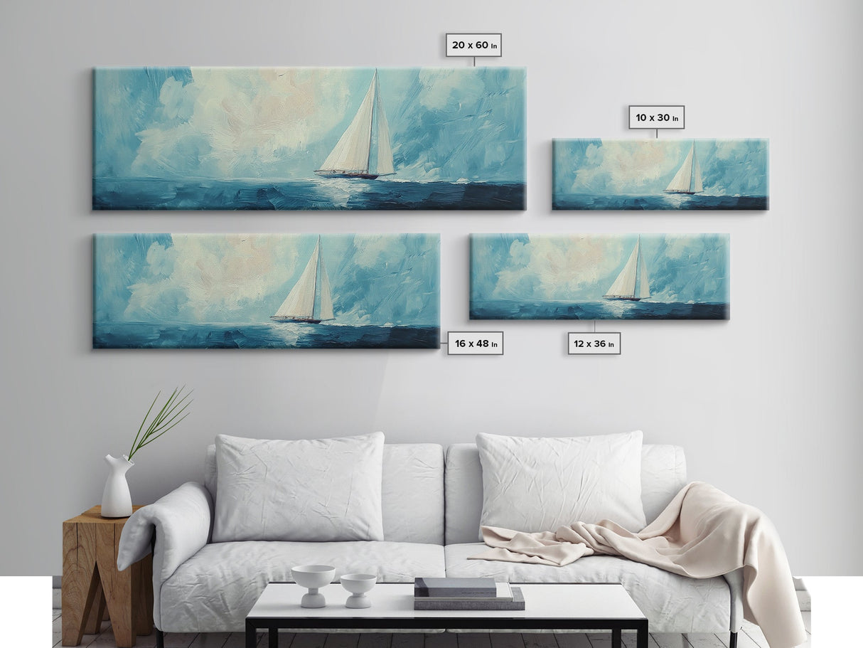 Sailboat on Open Sea Framed Canvas Print Nautical Wall Art, Ocean Painting, Coastal Home Decor, Minimalist Seascape, Beach House Art