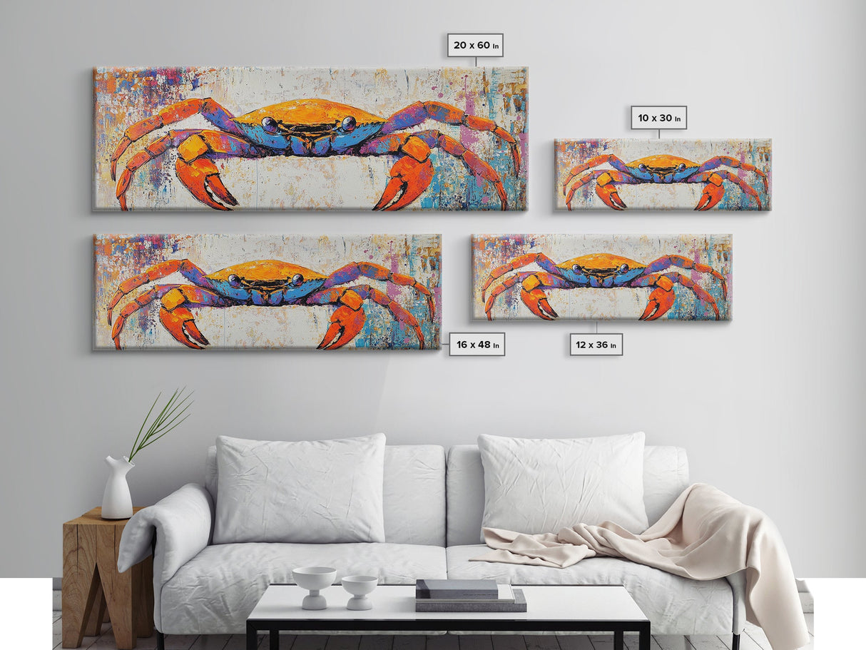 Colorful Coastal Crab Painting Framed Canvas Print, Beach House Wall Art, Nautical Kitchen Decor, Ocean Wildlife Art, Gift Idea