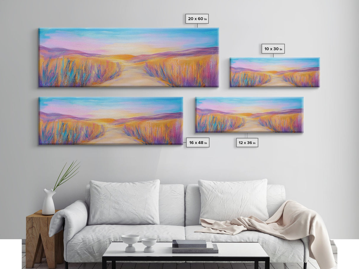 Serene Desert Sunset Path Framed Canvas Print, Southwestern Landscape Wall Art, Warm Earthy Tones, Nature Decor, Living Room Art