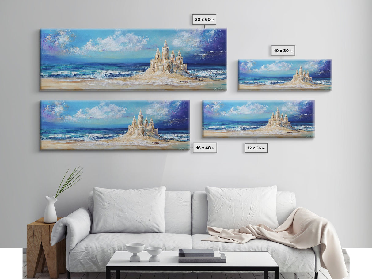 Fantasy Sandcastle Seascape Framed Canvas Print, Beach House Wall Art, Nautical Painting, Whimsical Ocean Scene, Kids Room Decor