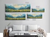 Mountain Lake Meadow Painting, Serene Nature Landscape, Cozy Cabin Art, Blue and Green Rustic Bedroom Wall Decor, Framed Canvas Print