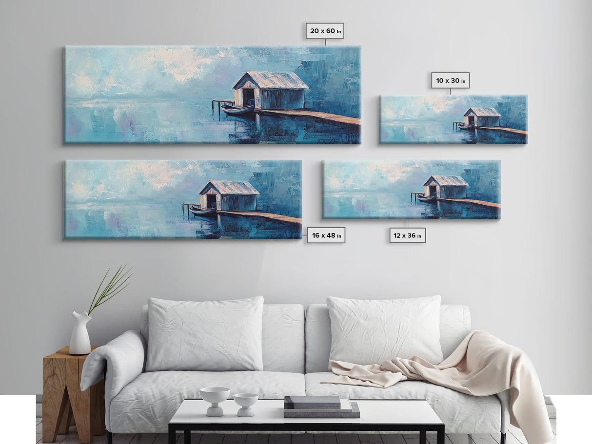 Blue Boathouse Canvas Print Tranquil Lake Scene Wall Art Nautical Cabin Decor Coastal Painting Minimalist Blue Wall Art Living Room