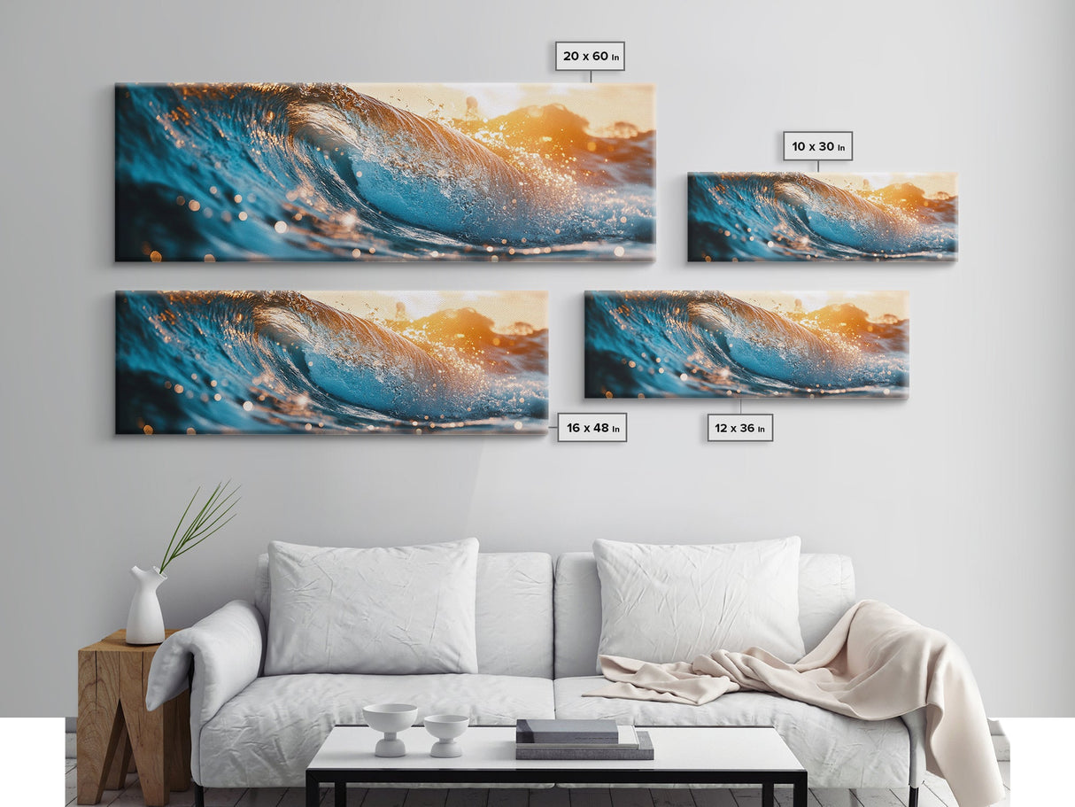 Sunset Wave Framed Canvas Print Ocean Photography Wall Art, Surf Art, Coastal Home Decor, Beach Aesthetic, Living Room Art