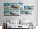 Ocean Rock Waves Framed Canvas Print Coastal Nature Wall Art, Beach Landscape Painting, Rustic Seascape Decor, Home Accent