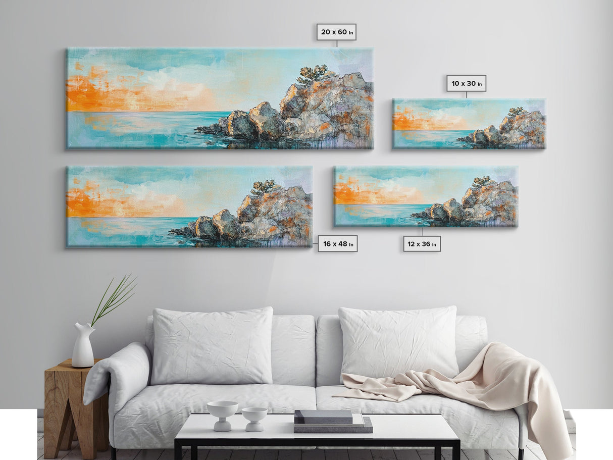 Seaside Cliff, Tranquil Beach Painting, Ocean View Wall Art, Home Decor, Framed Canvas Print, Minimalist Style, Bedroom Artwork